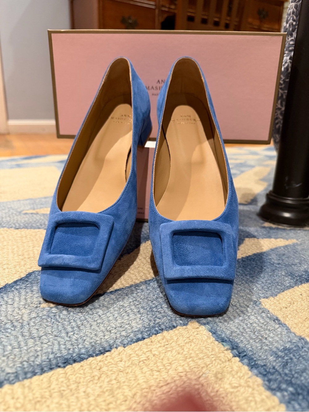 ANN MASHBURN Blue Suede Square-Toe Flats with Suede Buckle
